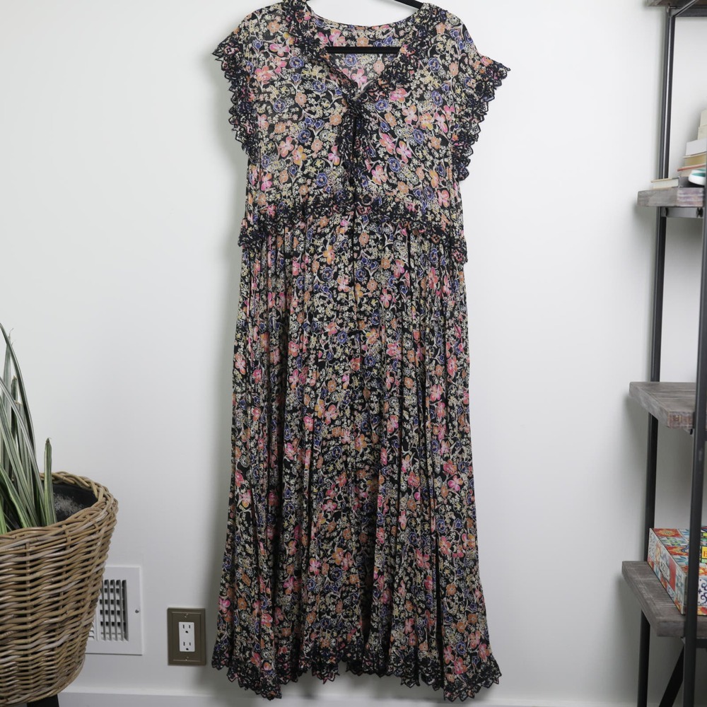 Free People Oversized Black Floral Cotton Sundress Eyelet Full Length